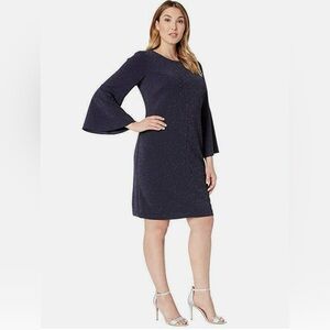 Ralph Lauren Navy Blue Metallic Knit Bell Sleeve Knee-Length Dress